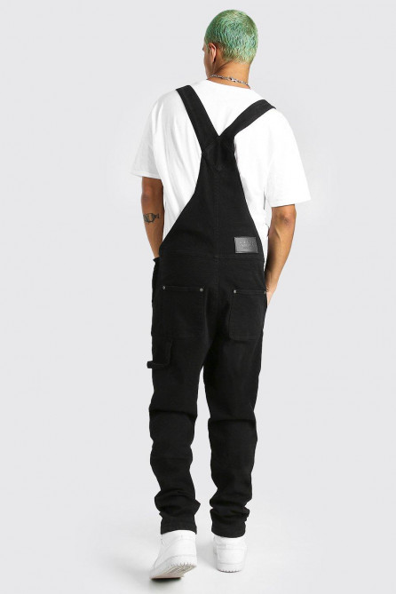 Slim Long Denim Biker Dungarees With Rips